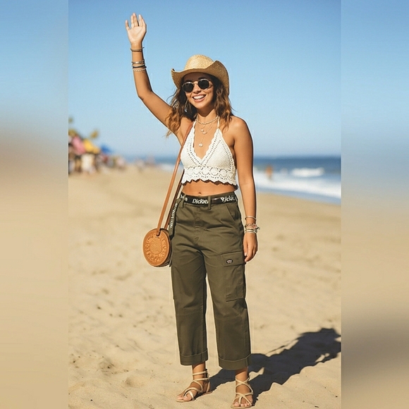 Dickies Relax Cargo 29 Army Olive Green Utility Slim Mid Rise Cotton Cropped - Picture 5 of 11